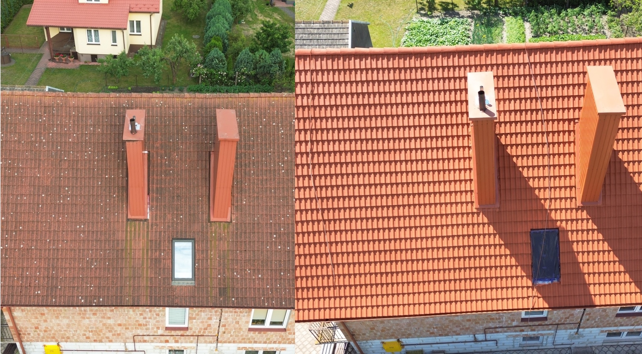 Porównanie dachu przed i po: po lewej stronie dach pokryty mchem i zabrudzeniami, po prawej czysty, pomarańczowy dach z dachówki ceramicznej, widoczne dwa kominy i okno dachowe.