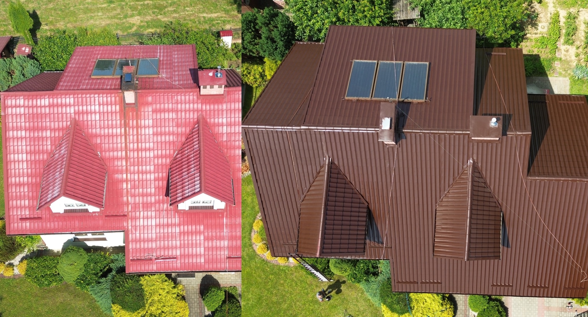 Porównanie dachu przed i po renowacji: połowa dachu w kolorze czerwonym, druga połowa w kolorze brązowym, widok z góry, dachówka metalowa.