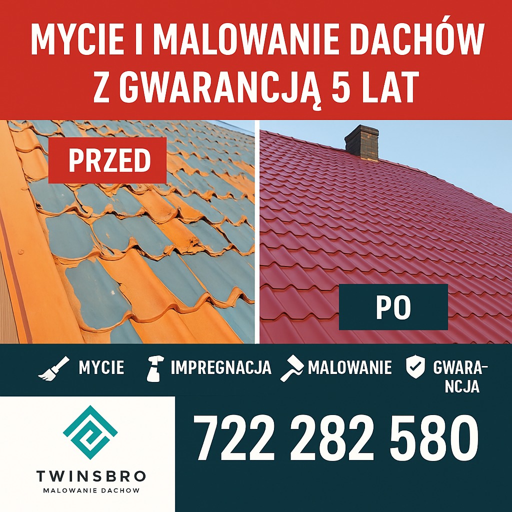 Dachówka przed i po malowaniu, z lewej strony widoczne stare, częściowo odbarwione płytki, po prawej dach w jednolitym, czerwonym kolorze. Gwarancja 5 lat.