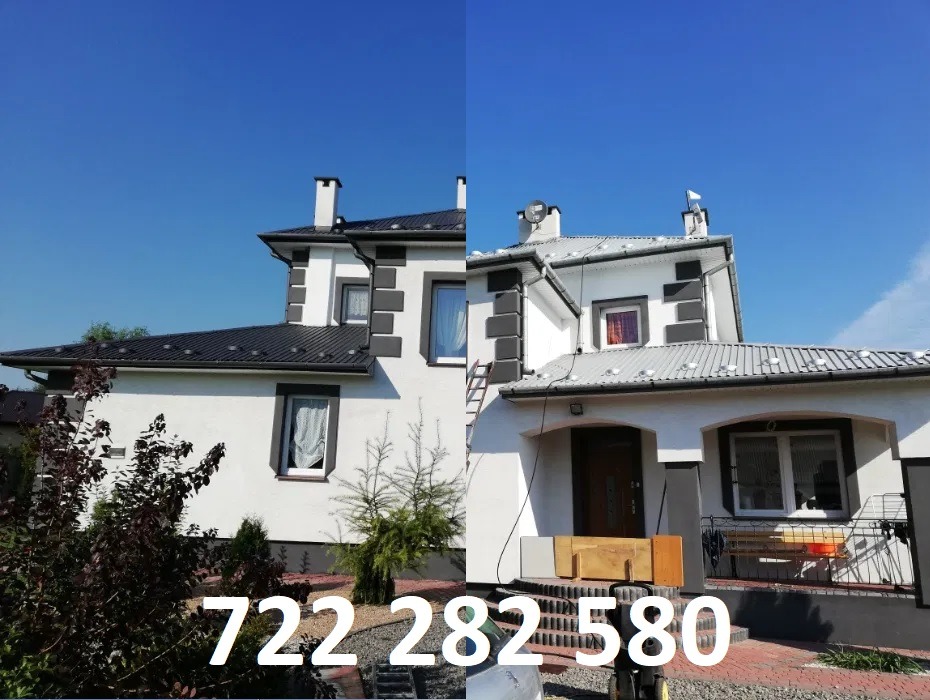 Dom po renowacji z nową, białą elewacją i ciemnym dachem, ukazany w zestawieniu 'przed i po' na tle błękitnego nieba.