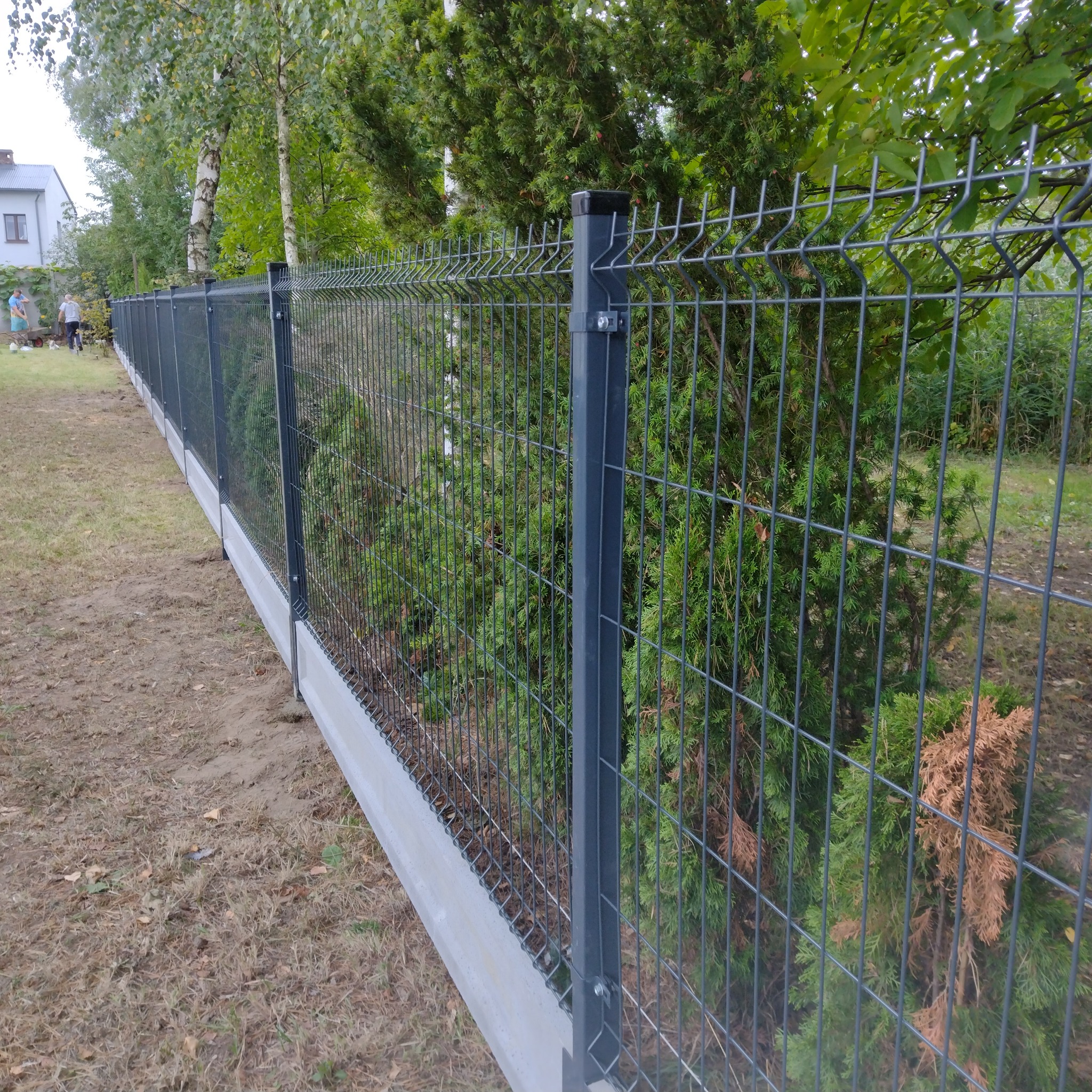 Długi, szary panelowy system ogrodzeniowy z podmurówką betonową, widoczny na tle zieleni i drzew, z fragmentem zabudowy w oddali.