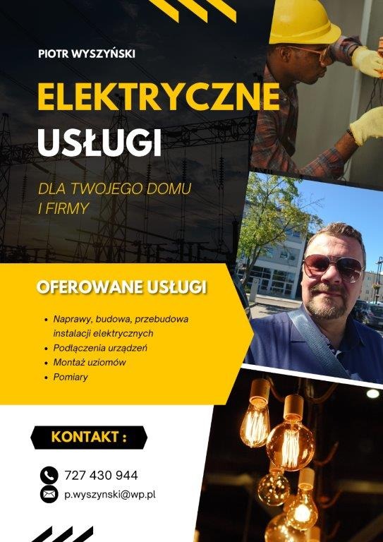 Plakat reklamowy usług elektrycznych: elektryk w kasku, zbliżenie twarzy właściciela, żarówki dekoracyjne, lista oferowanych usług i dane kontaktowe.