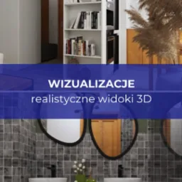 Wizualizacja 3D wnętrza: łazienka z dwoma umywalkami na drewnianym blacie, szare kafelki na ścianie, okrągłe lustra w czarnych ramach. W tle widoczny fragment kuchni z białymi szafkami i półkami...