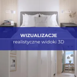 Wizualizacja 3D sypialni z łóżkiem, stolikami nocnymi, lampkami i dekoracjami, widok z perspektywy korytarza z widoczną jadalnią w tle.