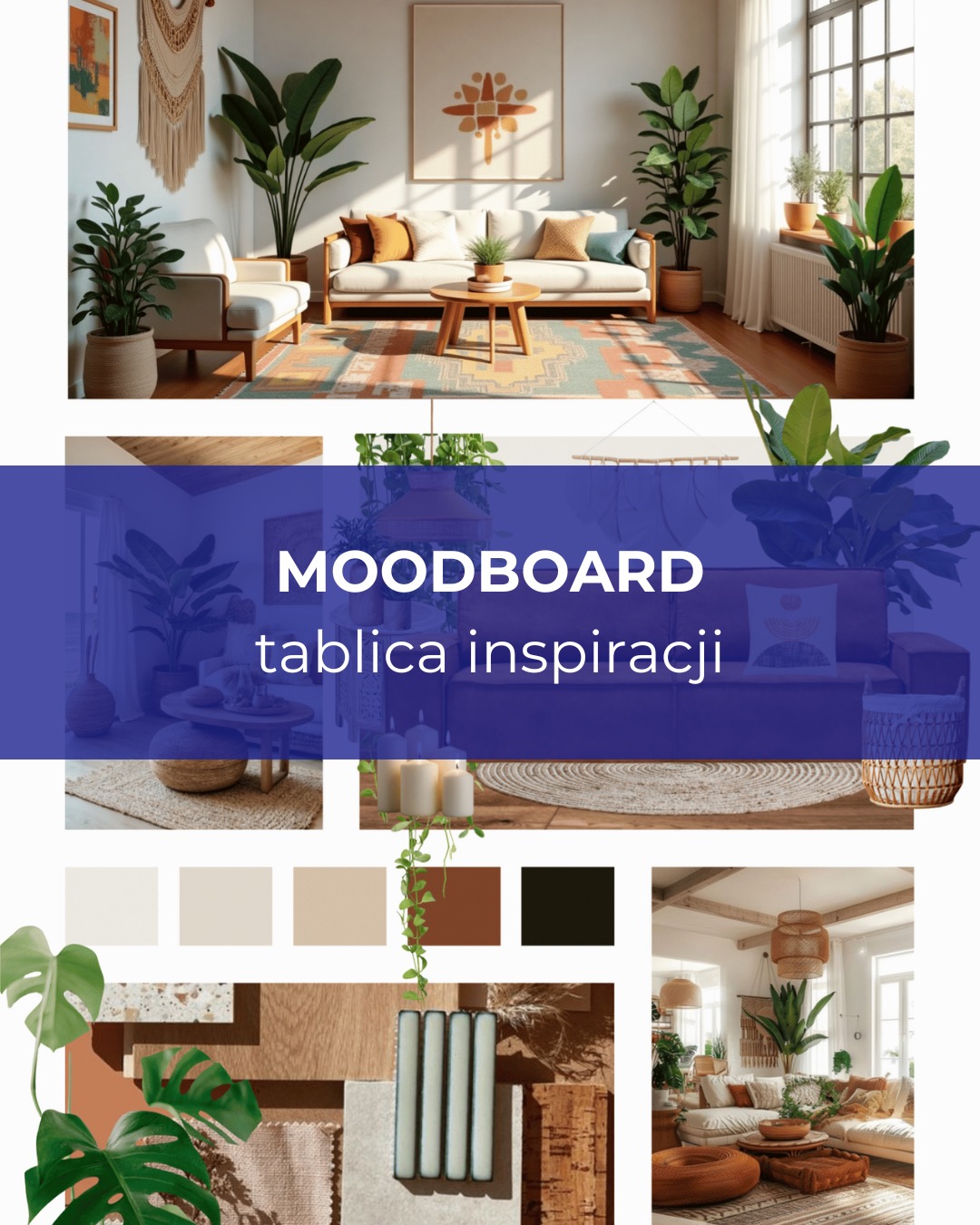 Moodboard z inspiracjami do aranżacji wnętrz w stylu boho: kolaż z wizualizacjami salonu, paletą kolorów i próbkami materiałów wykończeniowych.