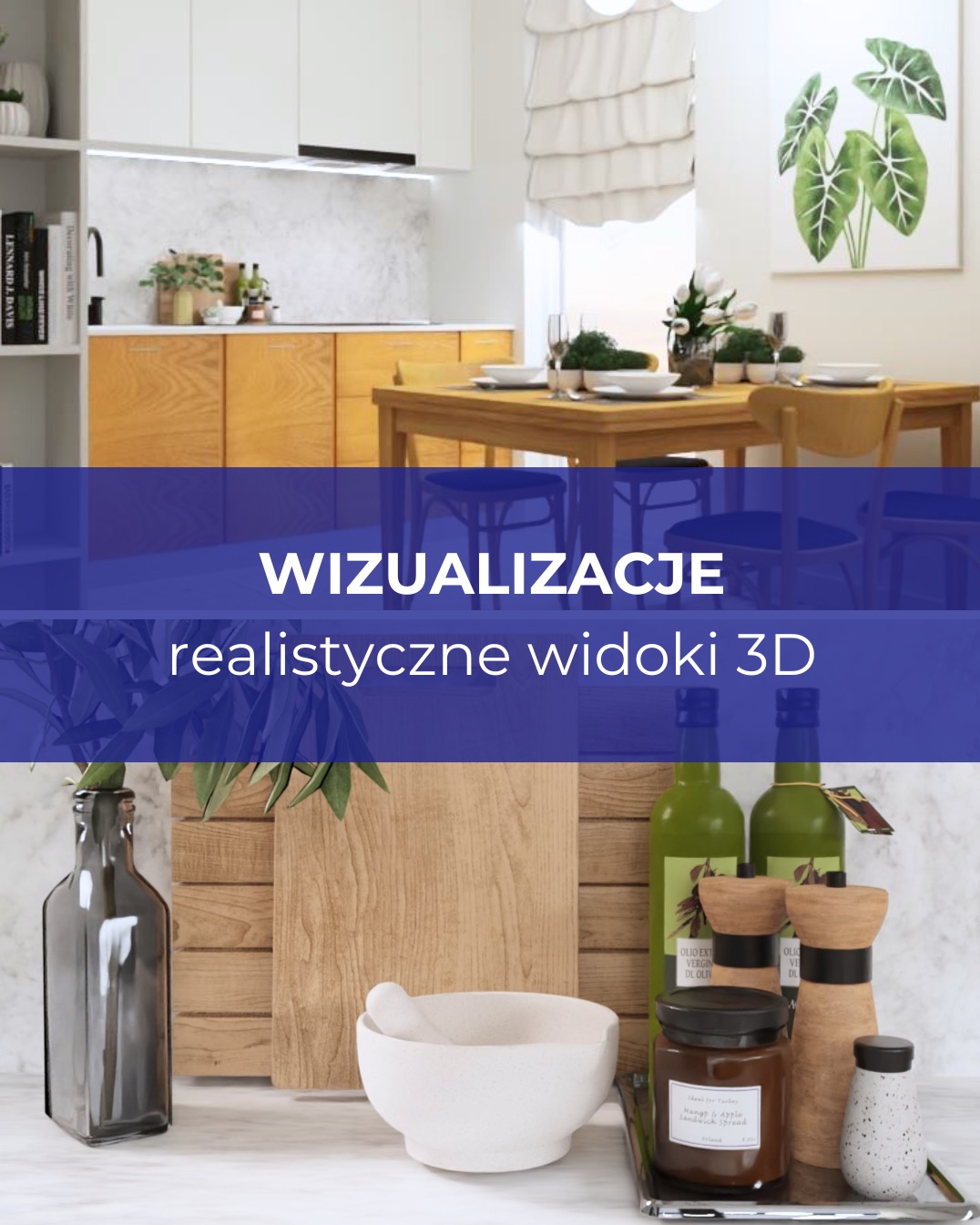Wizualizacja 3D kuchni w stylu minimalistycznym z drewnianymi elementami, marmurowym blatem i dekoracyjnymi akcesoriami kuchennymi na pierwszym planie.