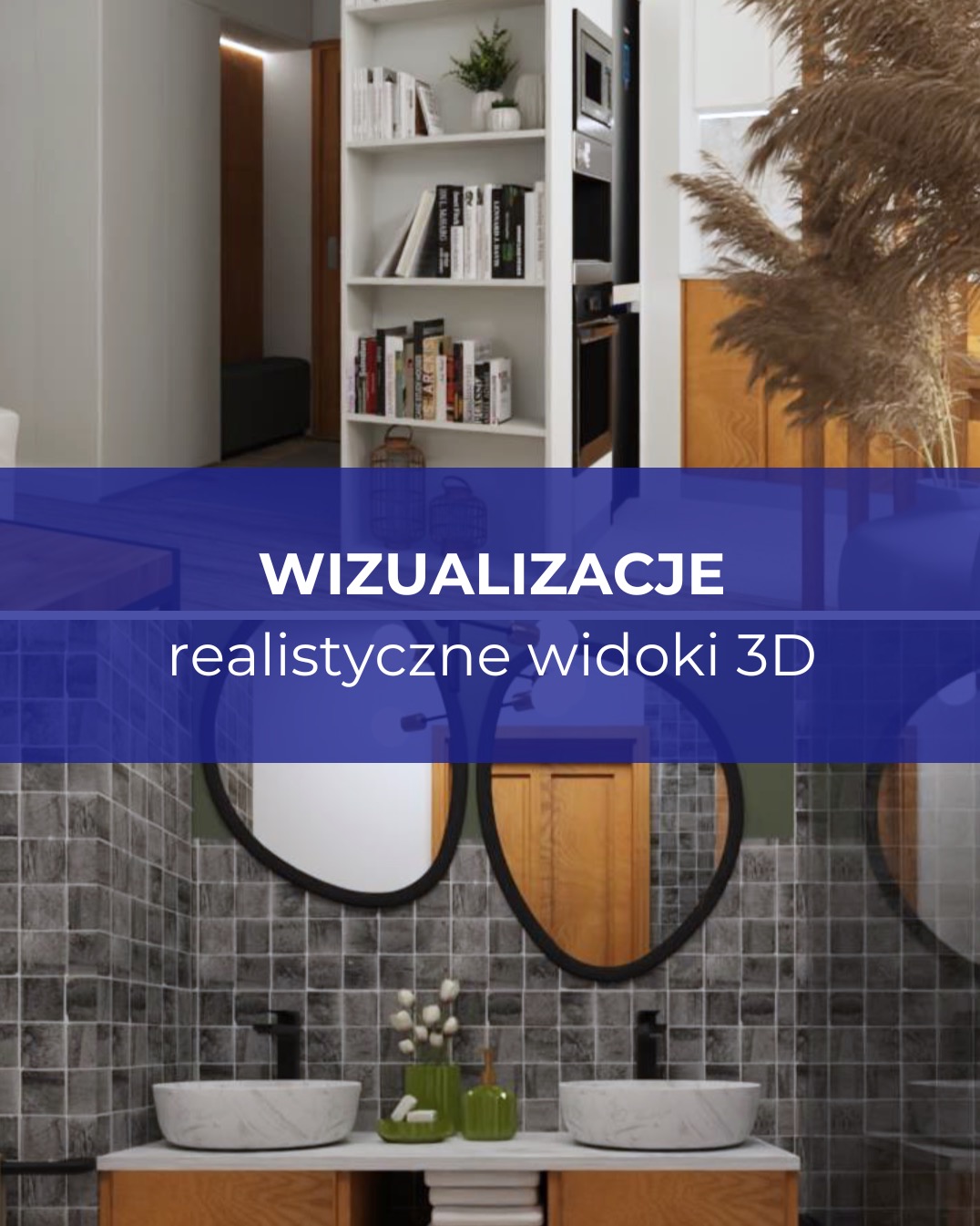 Wizualizacja 3D wnętrza: łazienka z dwoma umywalkami na drewnianym blacie, szare kafelki na ścianie, okrągłe lustra w czarnych ramach. W tle widoczny fragment kuchni z białymi szafkami i półkami...