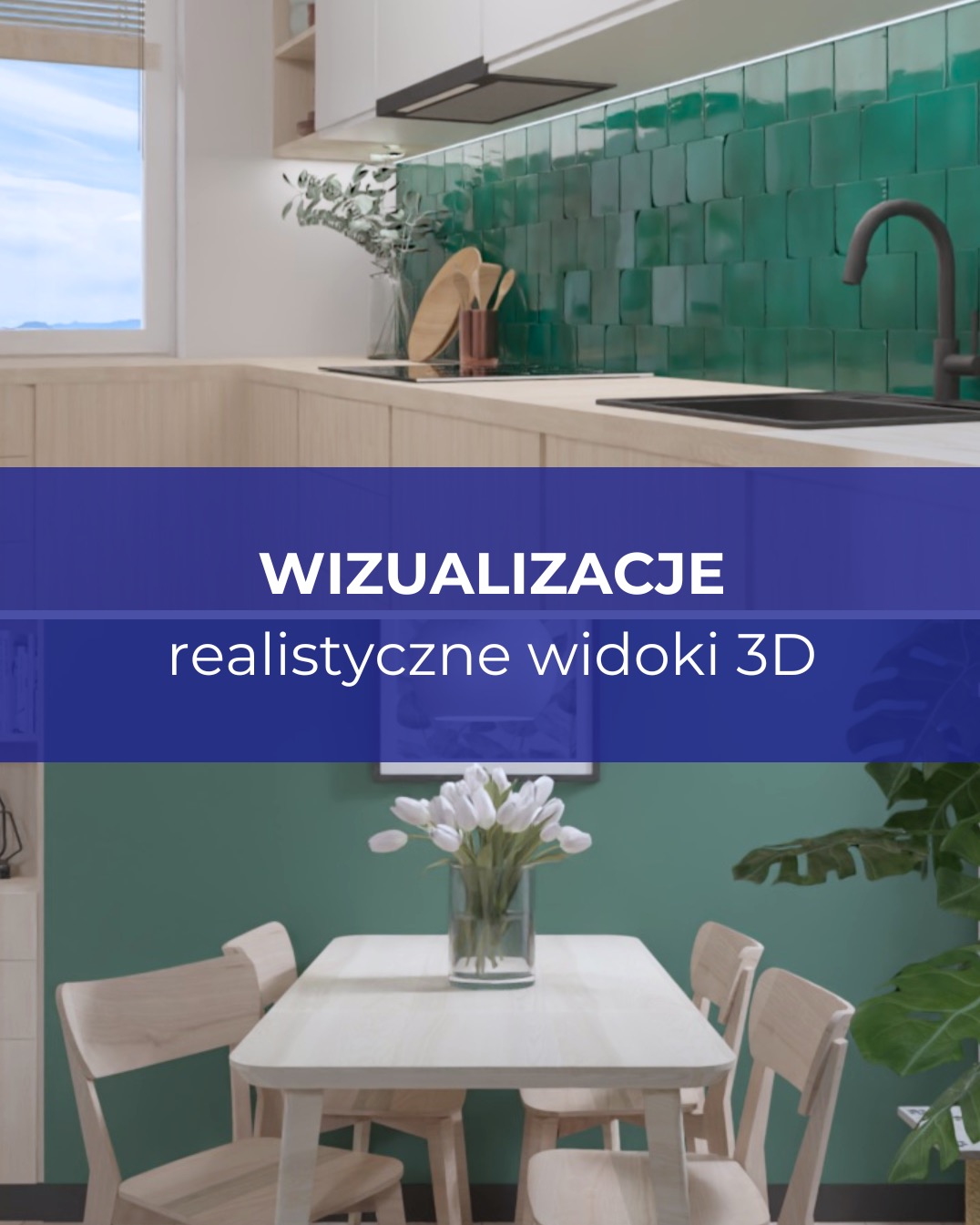 Wizualizacja 3D: Jasna kuchnia z zielonymi płytkami i drewnianymi blatami, połączona z jadalnią z białym stołem i tulipanami.