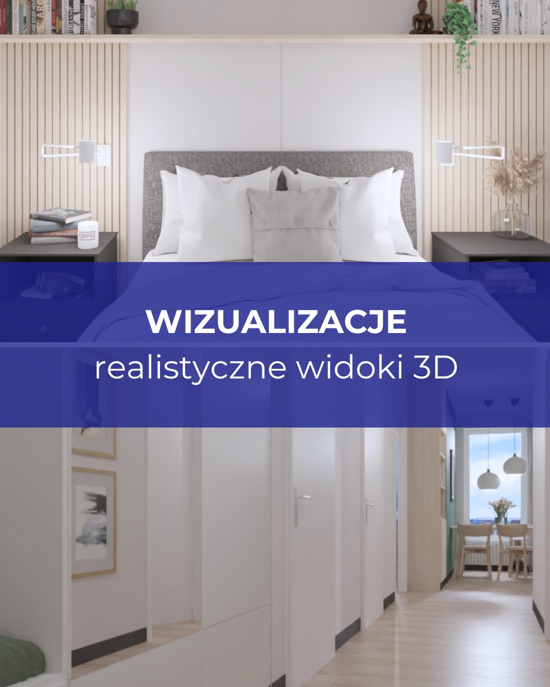 Wizualizacja 3D sypialni z łóżkiem, stolikami nocnymi, lampkami i dekoracjami, widok z perspektywy korytarza z widoczną jadalnią w tle.