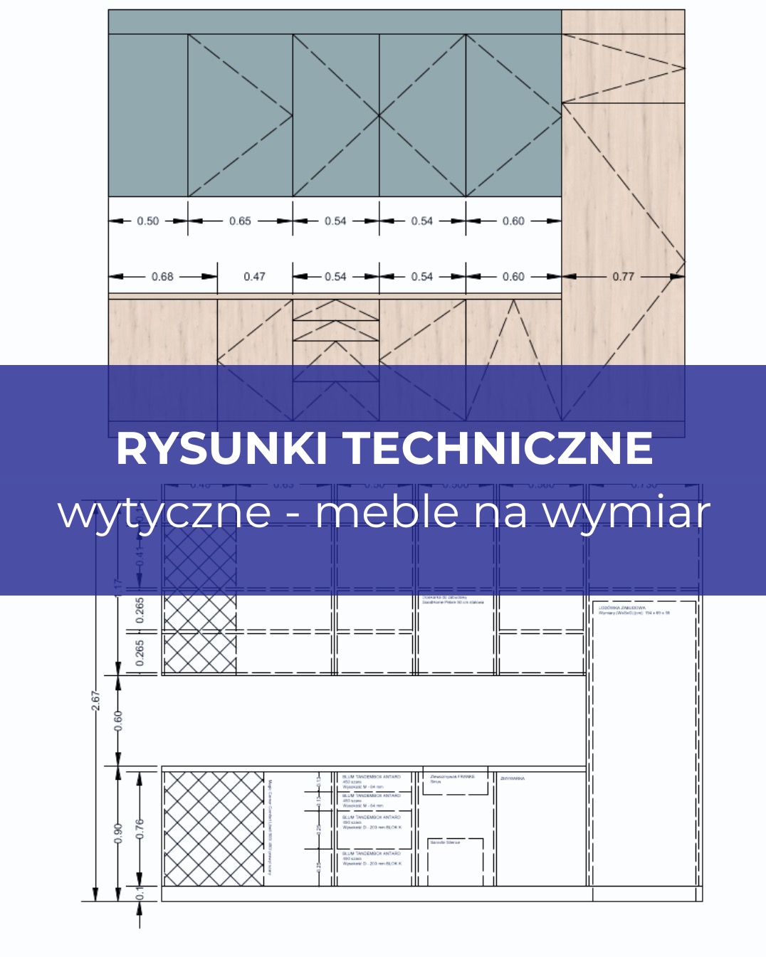 Rysunek techniczny mebli kuchennych na wymiar z wymiarami poszczególnych elementów, widok z góry i z boku.