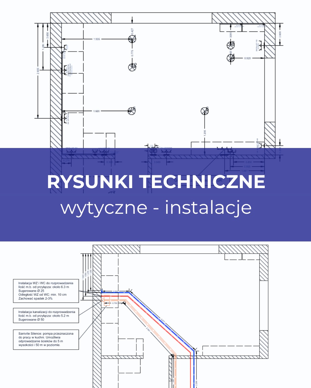 Rysunek techniczny instalacji wodno-kanalizacyjnej w mieszkaniu, widok z góry z wymiarami i opisami.