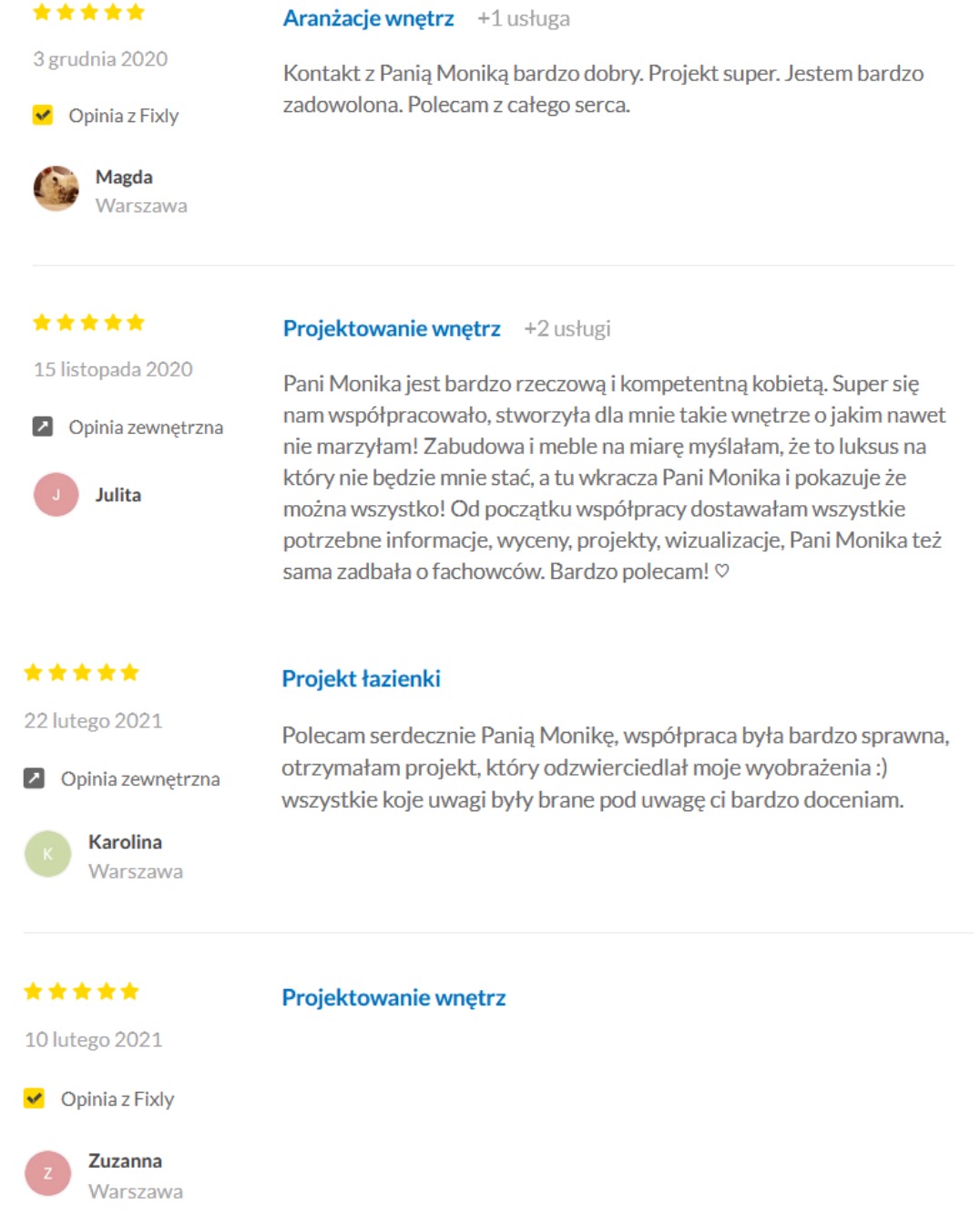 Zrzut ekranu z pozytywnymi opiniami klientów o projektowaniu wnętrz, aranżacji i projektach łazienek, z imionami i datami wystawienia.
