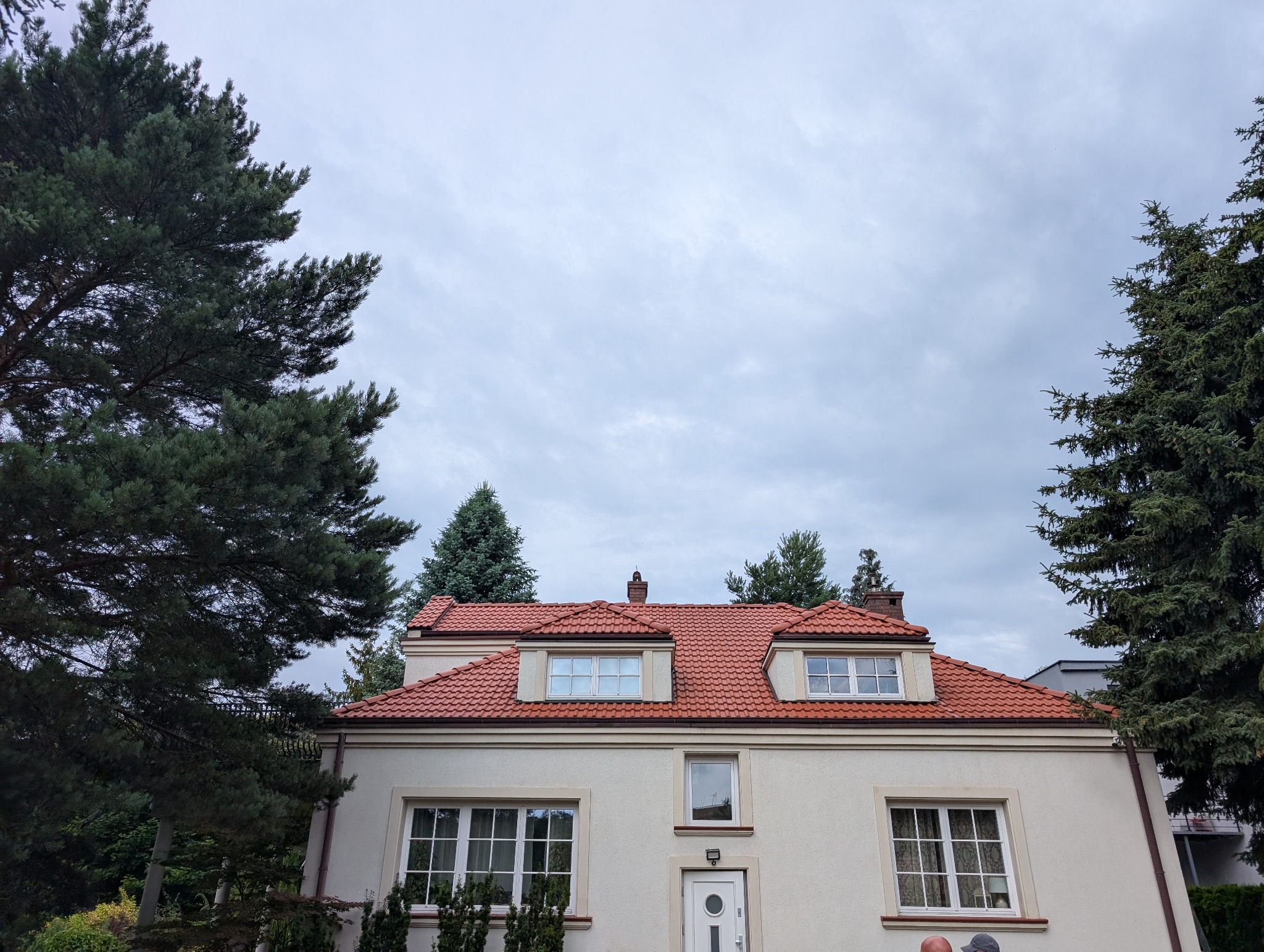 Dom z czerwoną dachówką, widok z dołu, otoczony zielonymi drzewami, pochmurne niebo w tle. Widoczne okna dachowe i komin.