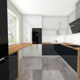 Mateusz Jaron - Wizualizacja nowoczesnej kuchni z białymi szafkami górnymi, czarnymi dolnymi i drewnianym blatem, z widocznym oknem i płytą indukcyjną.