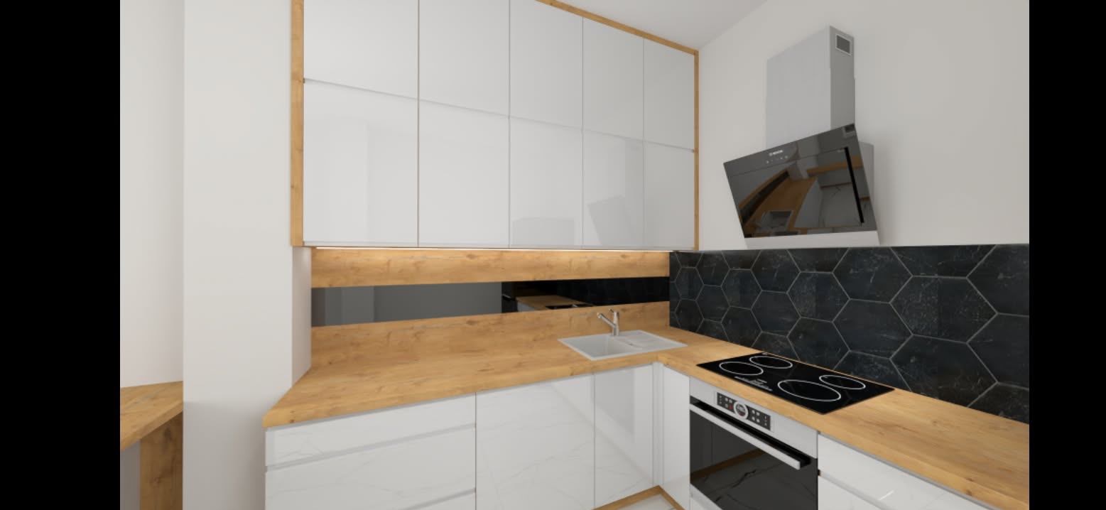 Wizualizacja nowoczesnej kuchni z białymi, lakierowanymi frontami szafek, drewnianym blatem i heksagonalnymi płytkami na ścianie, okap kuchenny w kolorze szarym.