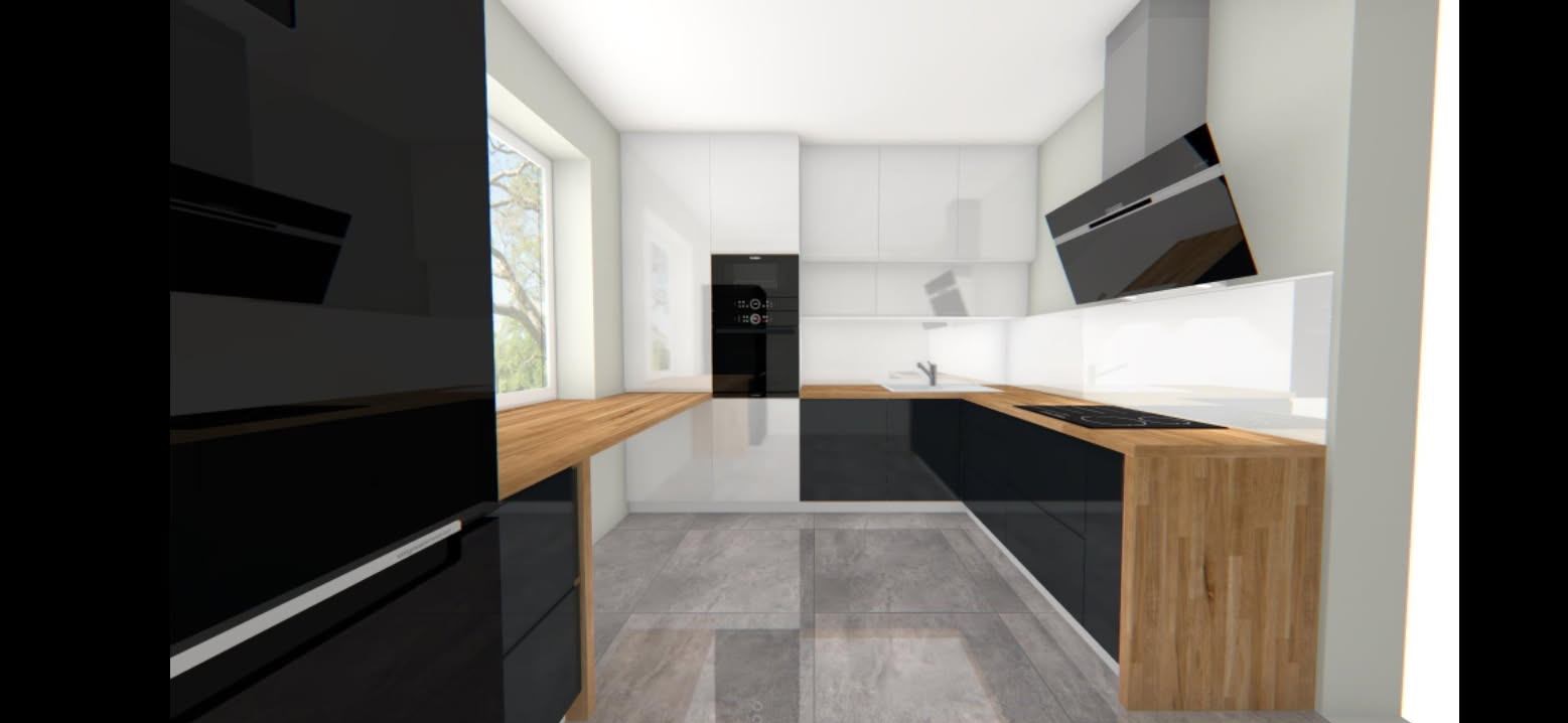 Wizualizacja nowoczesnej kuchni z czarnymi i białymi frontami, drewnianym blatem i szarą podłogą, widok z perspektywy
