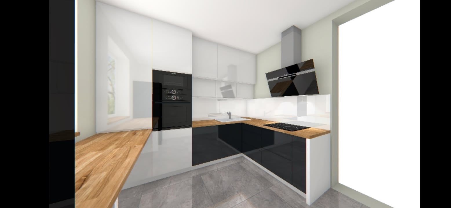 Wizualizacja nowoczesnej kuchni z białymi szafkami górnymi i czarnymi dolnymi, drewnianym blatem, czarnym piekarnikiem i płytą grzewczą oraz szarymi płytkami podłogowymi.