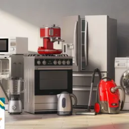 Zestaw nowoczesnych urządzeń AGD w neutralnej kolorystyce, obejmujący pralkę, lodówkę, piekarnik, zmywarkę, odkurzacz i inne sprzęty, z ulotką reklamową serwisu AGD w lewym dolnym rogu.