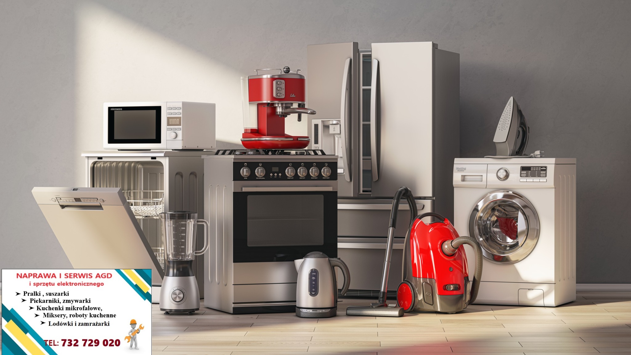 Zestaw nowoczesnych urządzeń AGD w neutralnej kolorystyce, obejmujący pralkę, lodówkę, piekarnik, zmywarkę, odkurzacz i inne sprzęty, z ulotką reklamową serwisu AGD w lewym dolnym rogu.