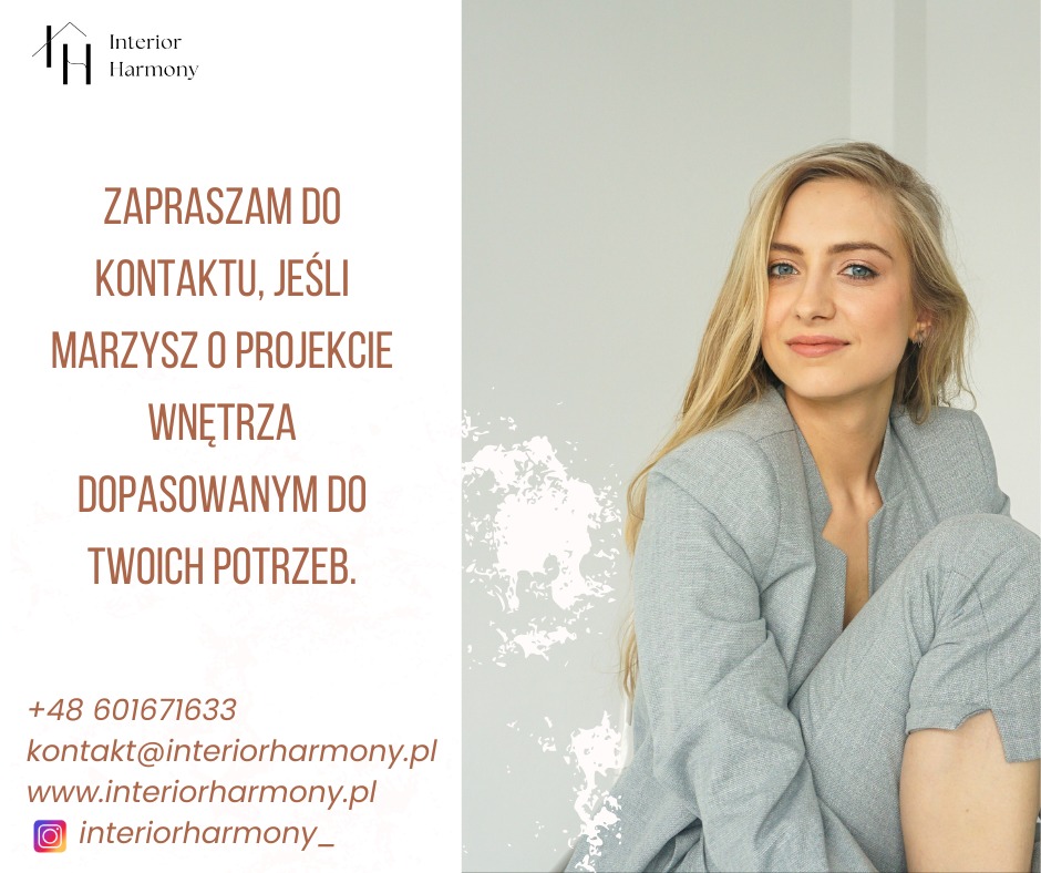 Portret kobiety w szarym garniturze na jasnym tle z logo firmy Interior Harmony i tekstem zapraszającym do kontaktu w sprawie projektowania wnętrz.