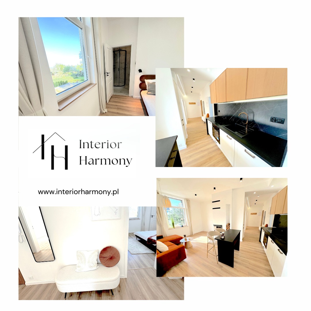 Kolaż zdjęć zrealizowanych wnętrz: sypialnia z łazienką, kuchnia z czarnym blatem i złotą armaturą, salon z pomarańczową sofą oraz logo firmy Interior Harmony.