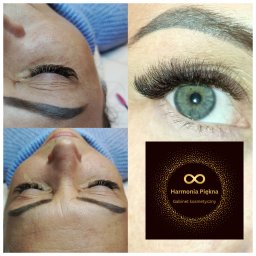 Harmonia Piękna Gabinet Kosmetyczny Karolina Kenkel - Kolaż przedstawiający oko z długimi, gęstymi rzęsami po zabiegu, zbliżenie na rzęsy przed zabiegiem, widok z góry na twarz z przedłużonymi rzęsami oraz logo gabinetu kosmetycznego Harmonia Piękna.