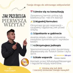 Mężczyzna wskazuje na infografikę przedstawiającą etapy pierwszej wizyty: konsultacja, formularz, spotkanie w gabinecie, jadłospis, stałe wsparcie. Tekst informuje o analizie składu ciała...