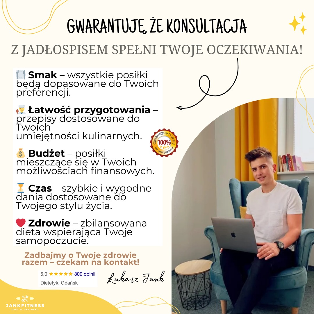 Grafika reklamowa konsultacji z jadłospisem, gwarantująca spełnienie oczekiwań, z informacjami o smaku, łatwości przygotowania, budżecie, czasie i zdrowiu; w tle uśmiechnięty mężczyzna siedzący...