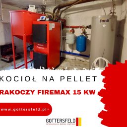 GOTTERSFELD SPÓŁKA Z OGRANICZONĄ ODPOWIEDZIALNOŚCIĄ - Czerwony kocioł na pellet RAKOCZY Firemax 15 KW, zbiornik buforowy Ferroli, instalacja hydrauliczna z rurami miedzianymi i zaworami, oraz skrzynka z narzędziami w piwnicy.