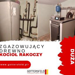 GOTTERSFELD SPÓŁKA Z OGRANICZONĄ ODPOWIEDZIALNOŚCIĄ - Zgazowujący kocioł na drewno RAKOCZY w kotłowni, widoczny zbiornik akumulacyjny, instalacja hydrauliczna z zaworami i manometrami, oraz mały zbiornik wyrównawczy.