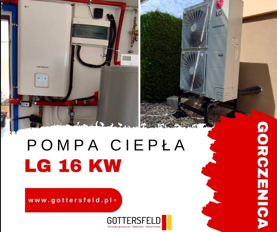 Dwu-modułowa pompa ciepła LG Therma V, zainstalowana na zewnątrz na tle zielonego żywopłotu i wewnątrz budynku, z widoczną instalacją hydrauliczną i elektryczną.