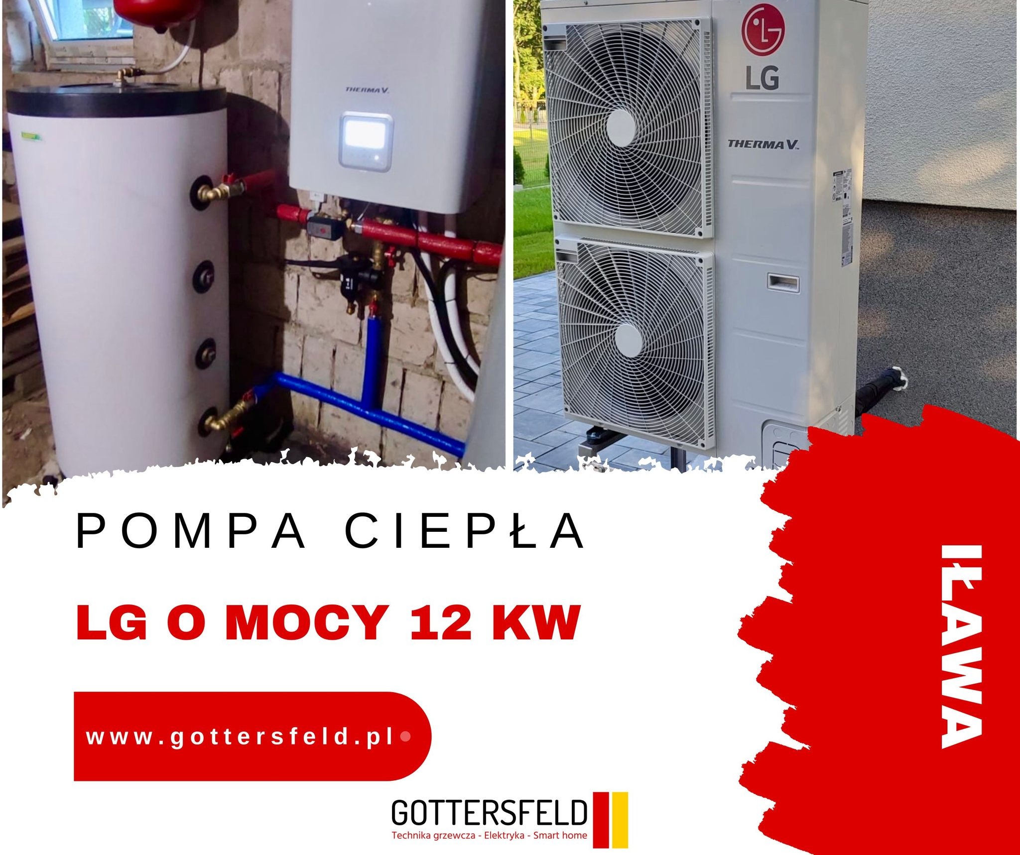 Zewnętrzna i wewnętrzna jednostka pompy ciepła LG Therma V, widoczne rury instalacyjne zasilające zbiornik oraz wentylatory jednostki zewnętrznej na tle kostki brukowej i zieleni.