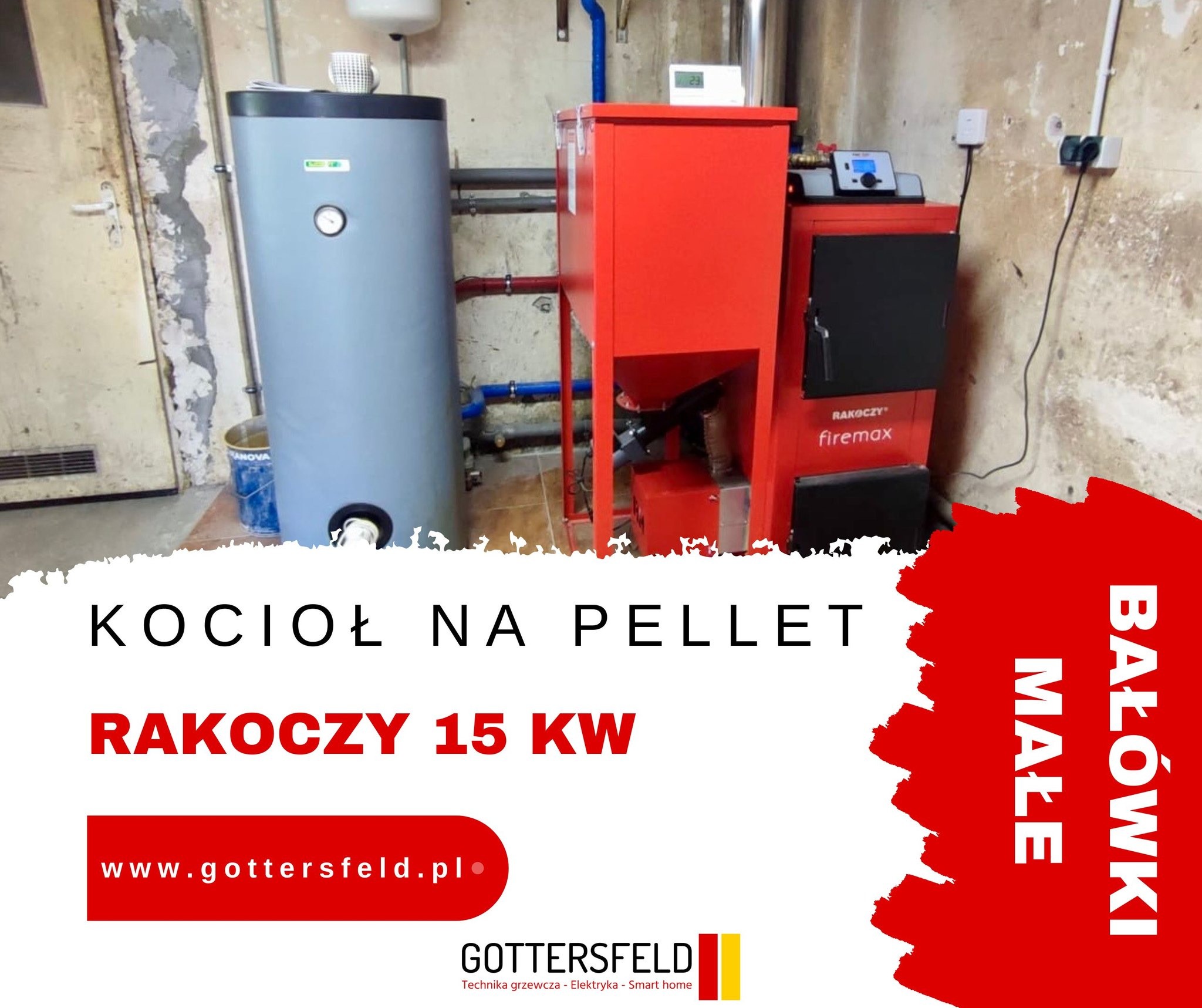 Kocioł na pellet Rakoczy Firemax 15kW z szarym zasobnikiem na wodę w piwnicy, widoczne rury instalacji grzewczej i gniazdko elektryczne na ścianie.