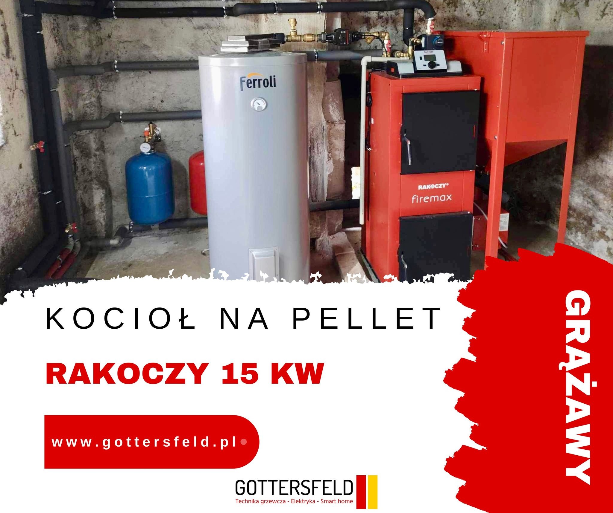 Kocioł na pellet Rakoczy Firemax 15kW z zasobnikiem, podłączony do instalacji w piwnicy, widoczne rury, zbiorniki wyrównawcze i osprzęt.