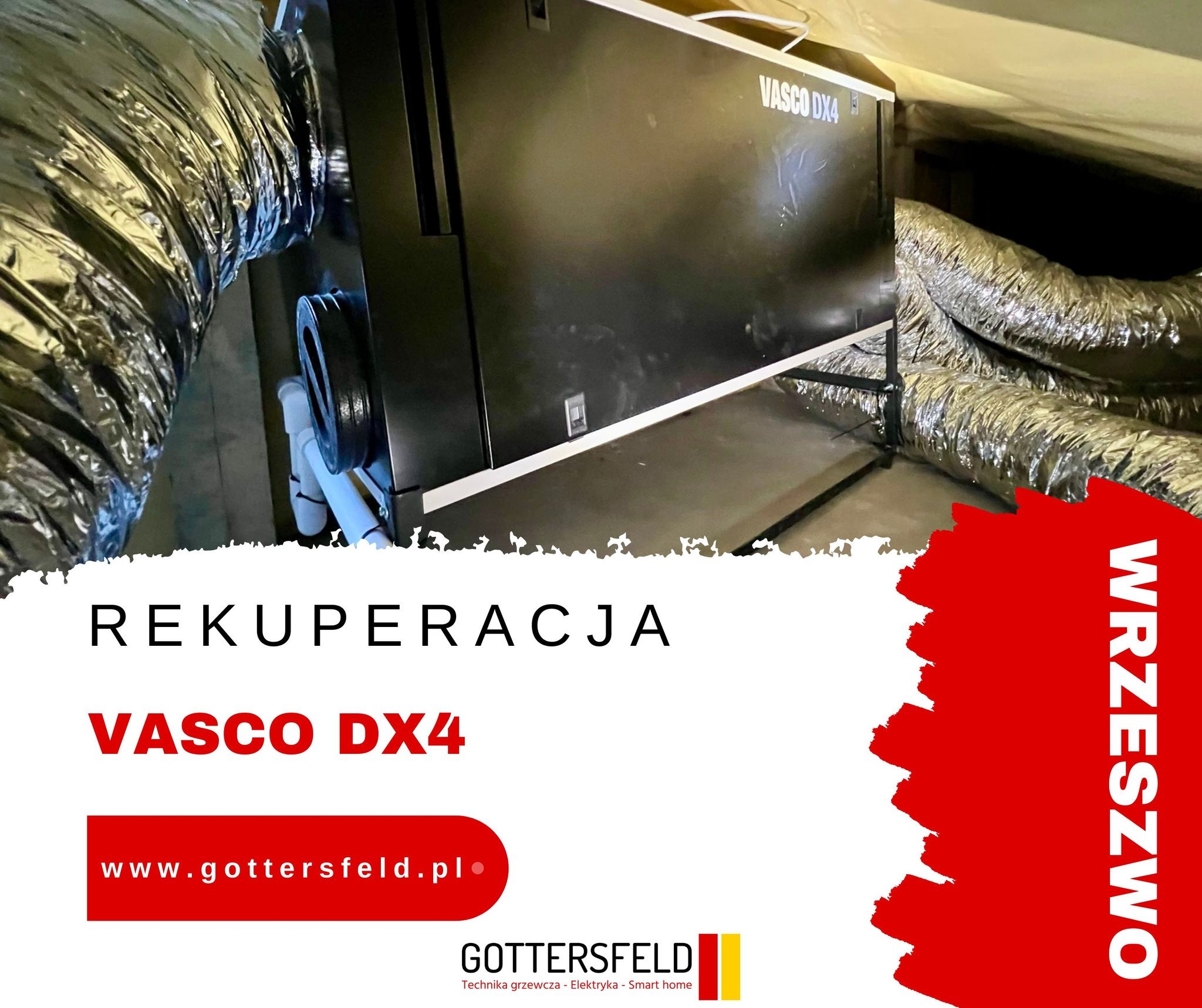 Rekuperator Vasco DX4 podłączony do srebrnych, izolowanych przewodów wentylacyjnych w pomieszczeniu z niskim sufitem, widoczne elementy instalacji.