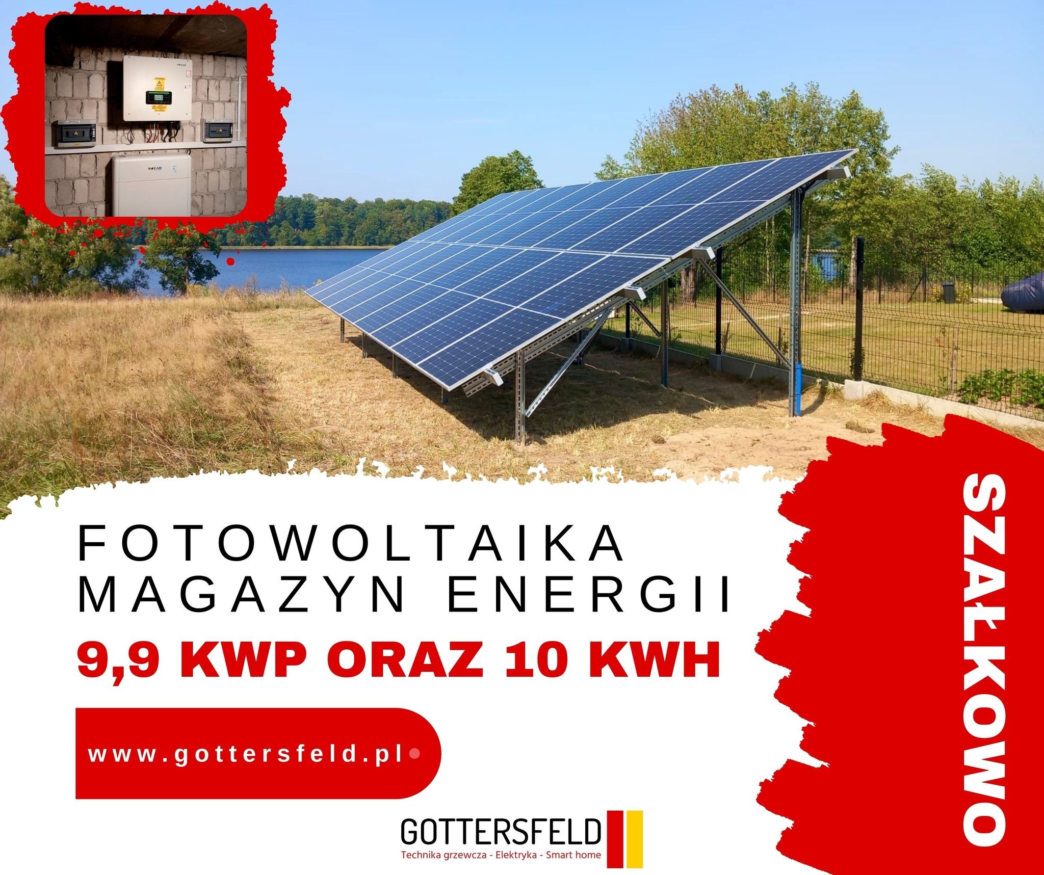 Panel fotowoltaiczny ustawiony na metalowej konstrukcji na tle jeziora i zieleni, widoczna instalacja elektryczna wewnątrz budynku, oraz logo firmy.