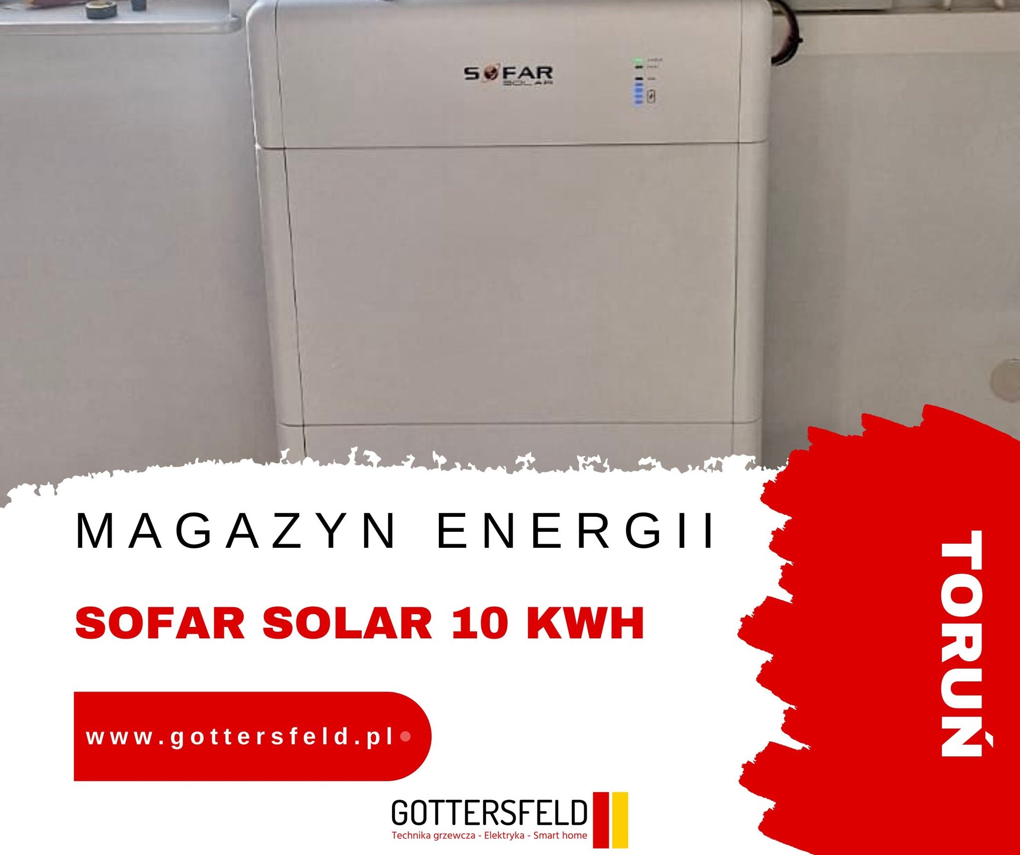 Biały magazyn energii SOFAR SOLAR 10 KWH zamontowany wewnątrz pomieszczenia, widoczne diody sygnalizacyjne i logo producenta.