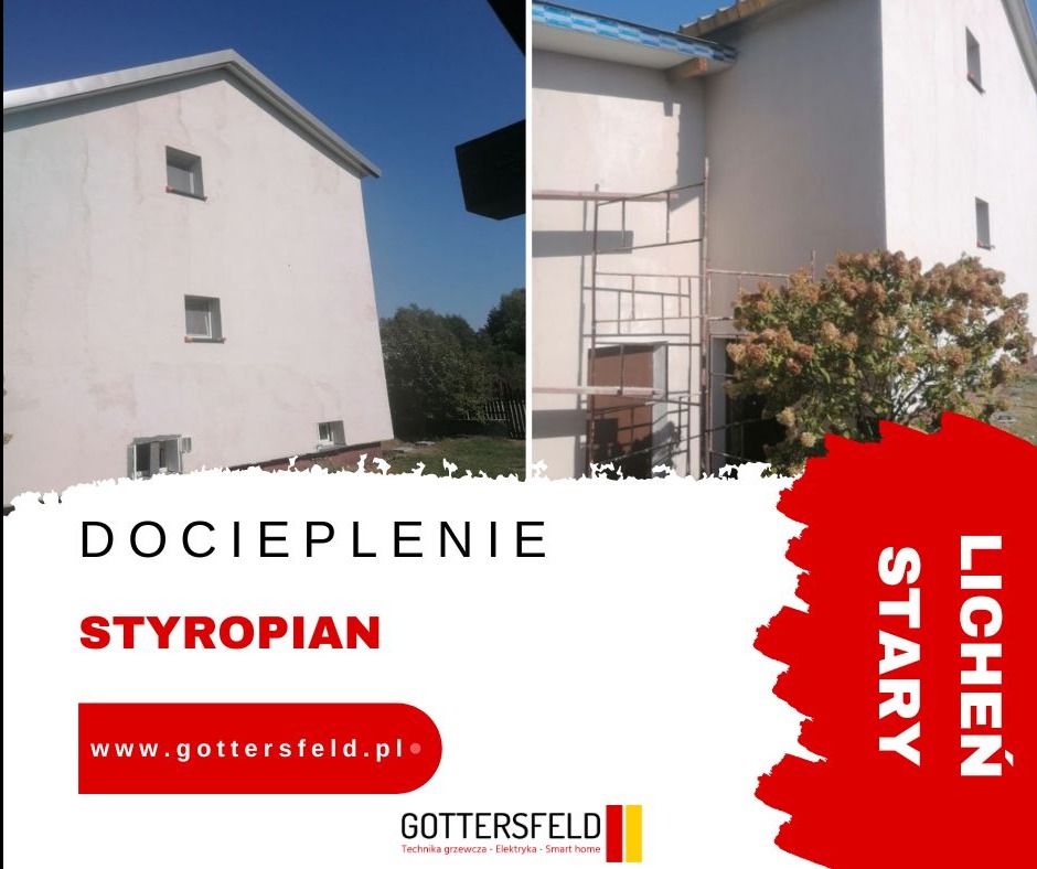 Dwa ujęcia budynku przed i po dociepleniu elewacji styropianem, widoczne rusztowania i krzew ozdobny.