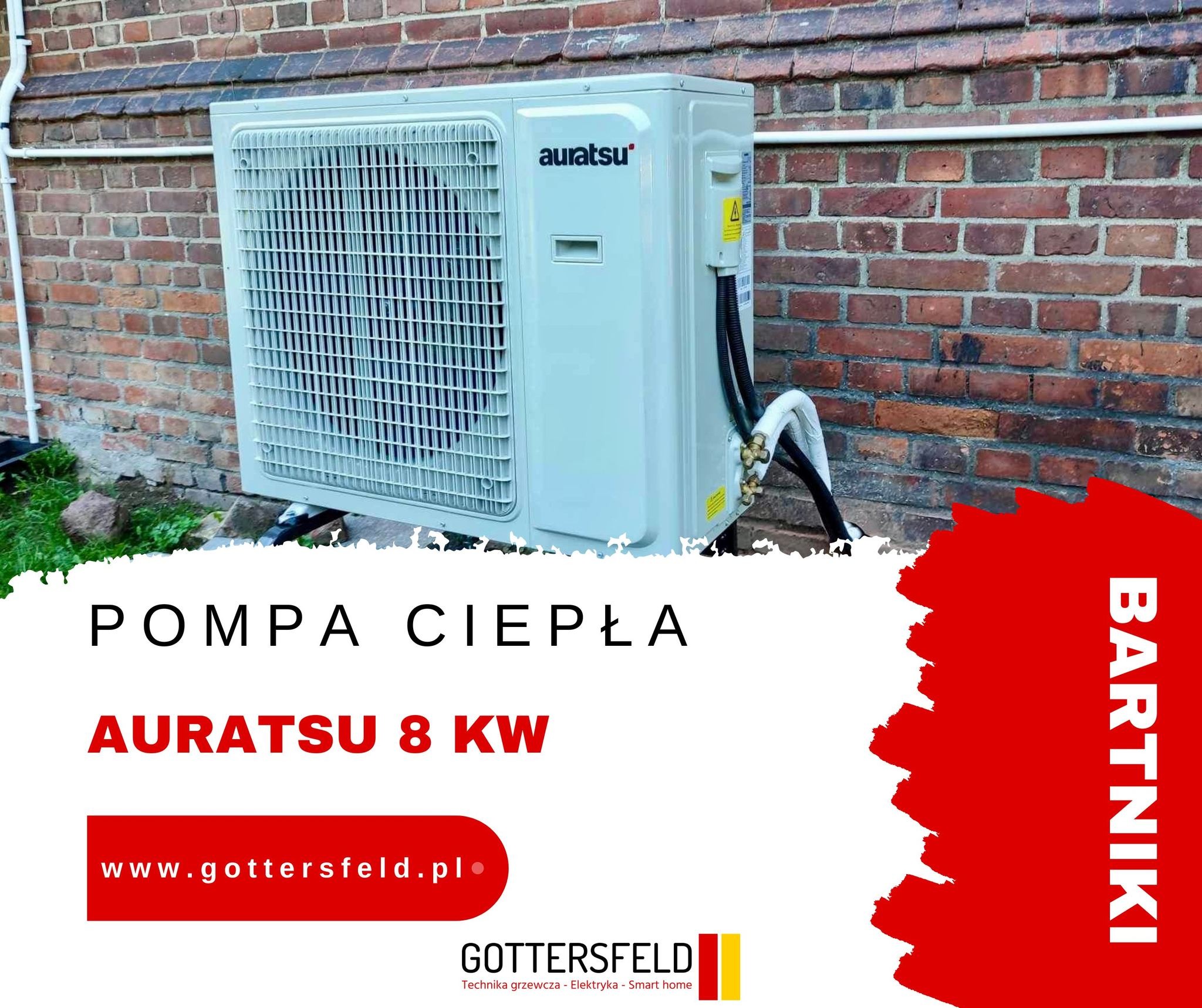 Zewnętrzna jednostka pompy ciepła Auratsu 8 kW zamontowana na ścianie z czerwonej cegły. Widoczne rury przyłączeniowe i elementy instalacji.