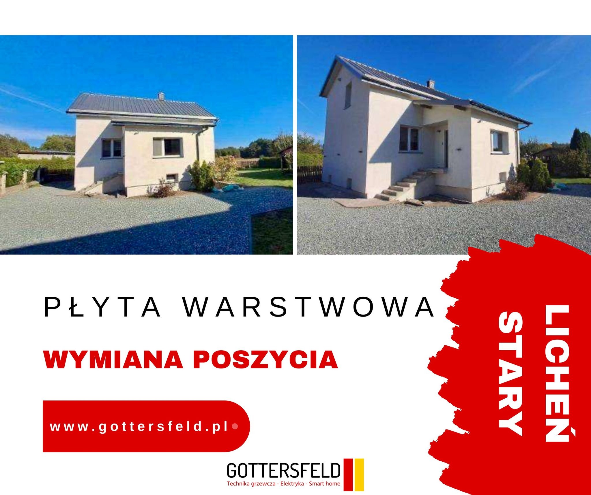 Dwa ujęcia tego samego budynku z nowym poszyciem dachu z płyty warstwowej, prezentowane obok siebie. Na dole widoczne logo firmy.