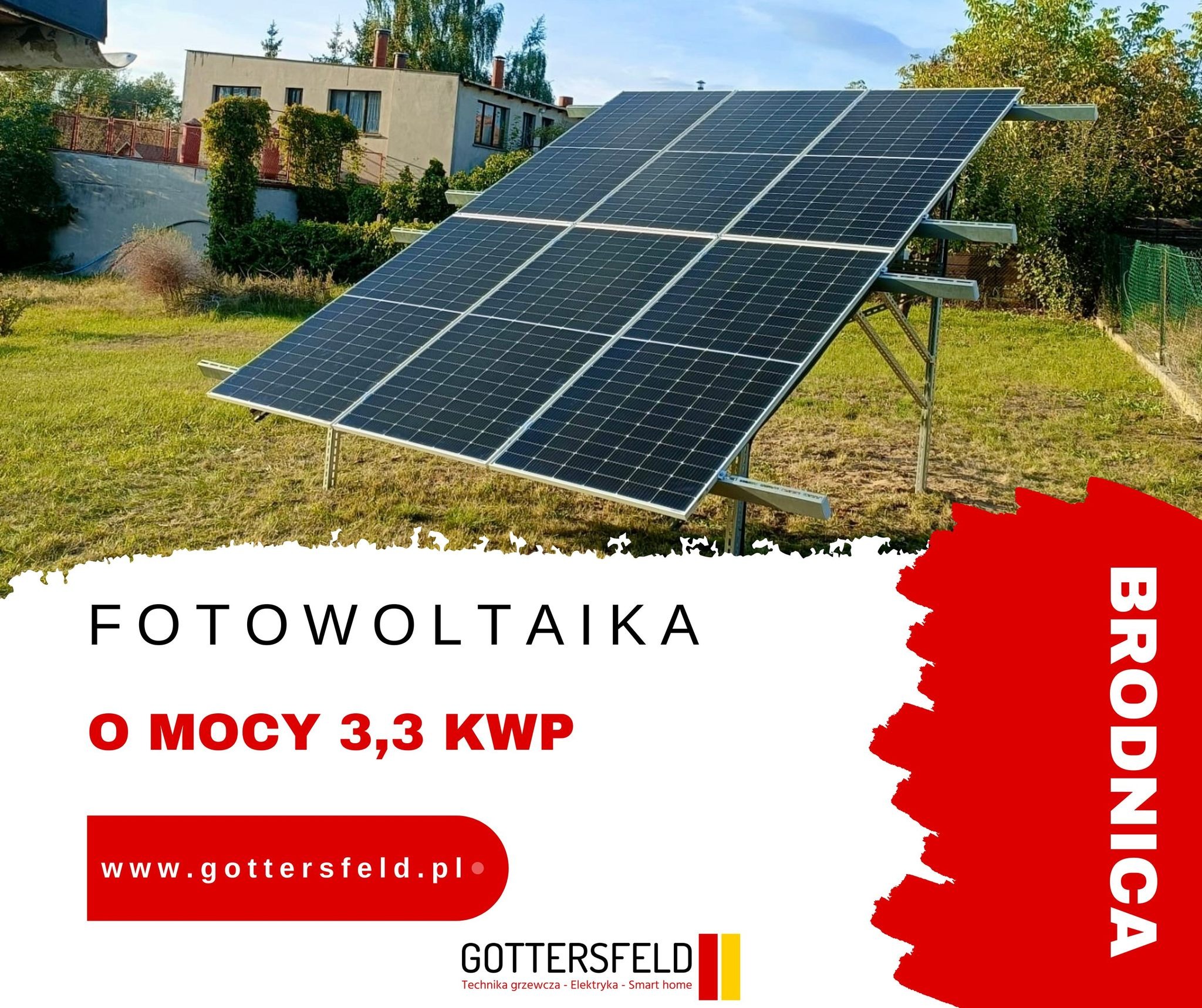 Panel fotowoltaiczny o mocy 3.3 kW zamontowany na metalowej konstrukcji w ogrodzie, widoczny dom jednorodzinny w tle.