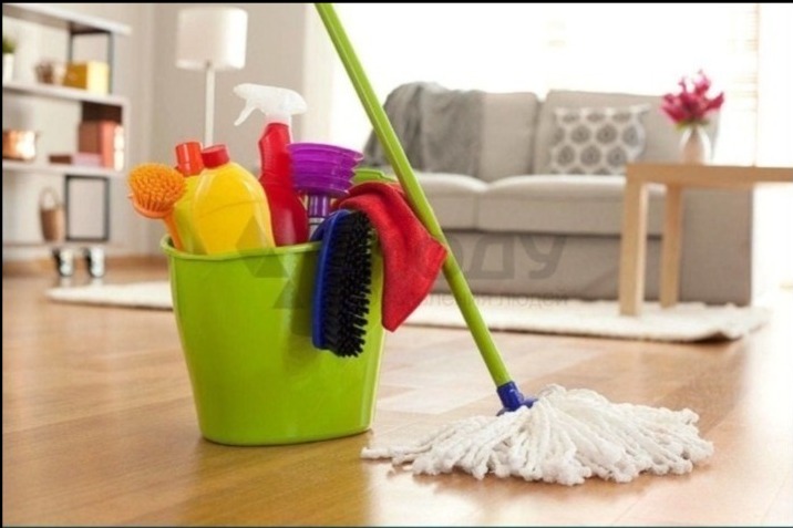 Zielone wiadro z kolorowymi środkami czystości i mopem na drewnianej podłodze w jasnym salonie z szarą sofą w tle.