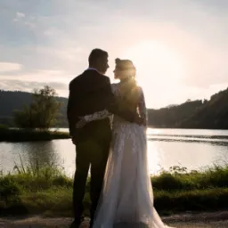 Para młoda, w kontraście do zachodzącego słońca nad jeziorem, obejmuje się. Suknia ślubna z koronkowymi detalami. Romantyczna sceneria zalesionych brzeg&oacute;w.