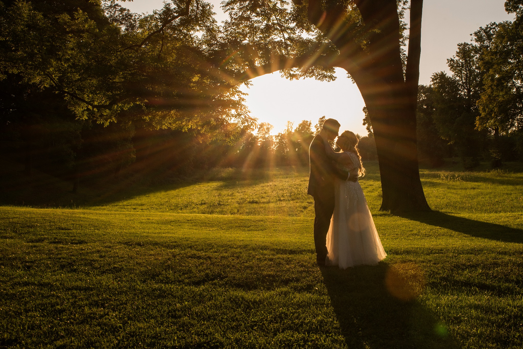 Para młoda w objęciach na tle zachodzącego słońca, które przebija się przez gałęzie drzewa. Romantyczna sceneria z zielonym trawnikiem w ciepłych barwach.