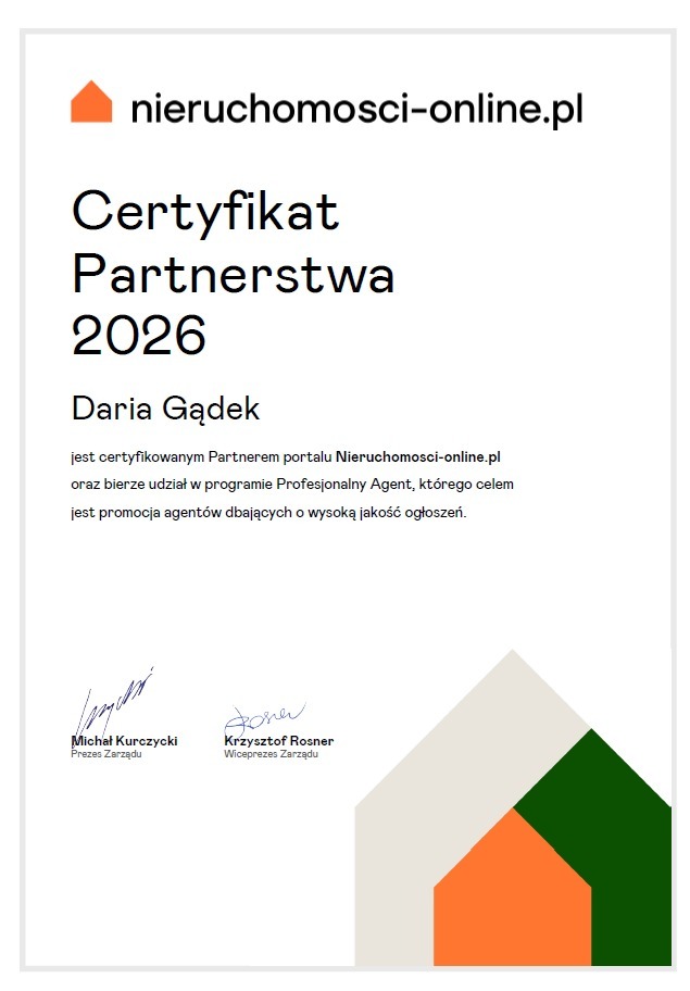 Certyfikat Partnerstwa 2026 dla Darii Gądek od nieruchomości-online.pl, potwierdzający udział w programie Profesjonalny Agent.