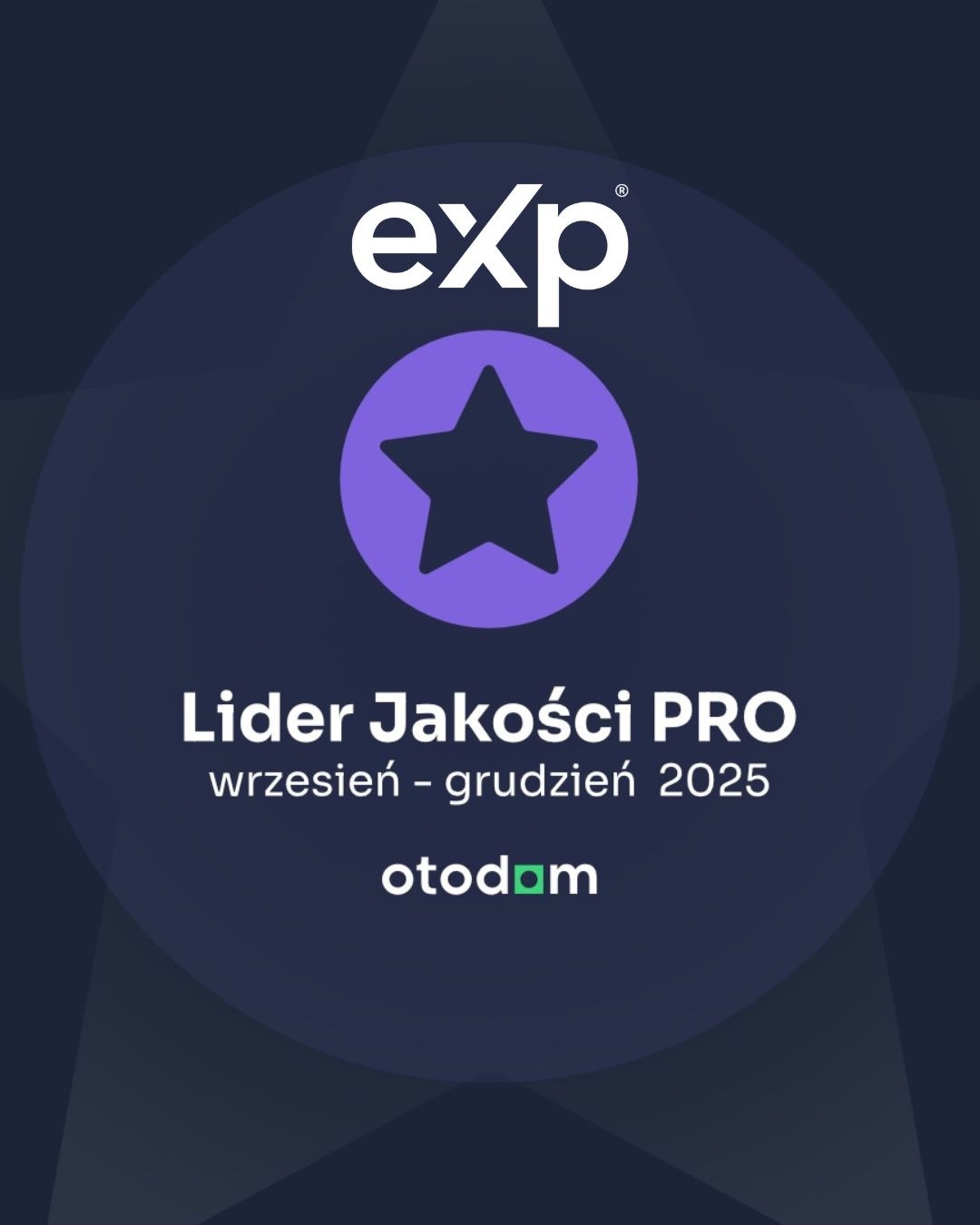 Grafika z logo 'exp', gwiazdą i napisem 'Lider Jakości PRO wrzesień - grudzień 2025 otodam' na fioletowo-granatowym tle.
