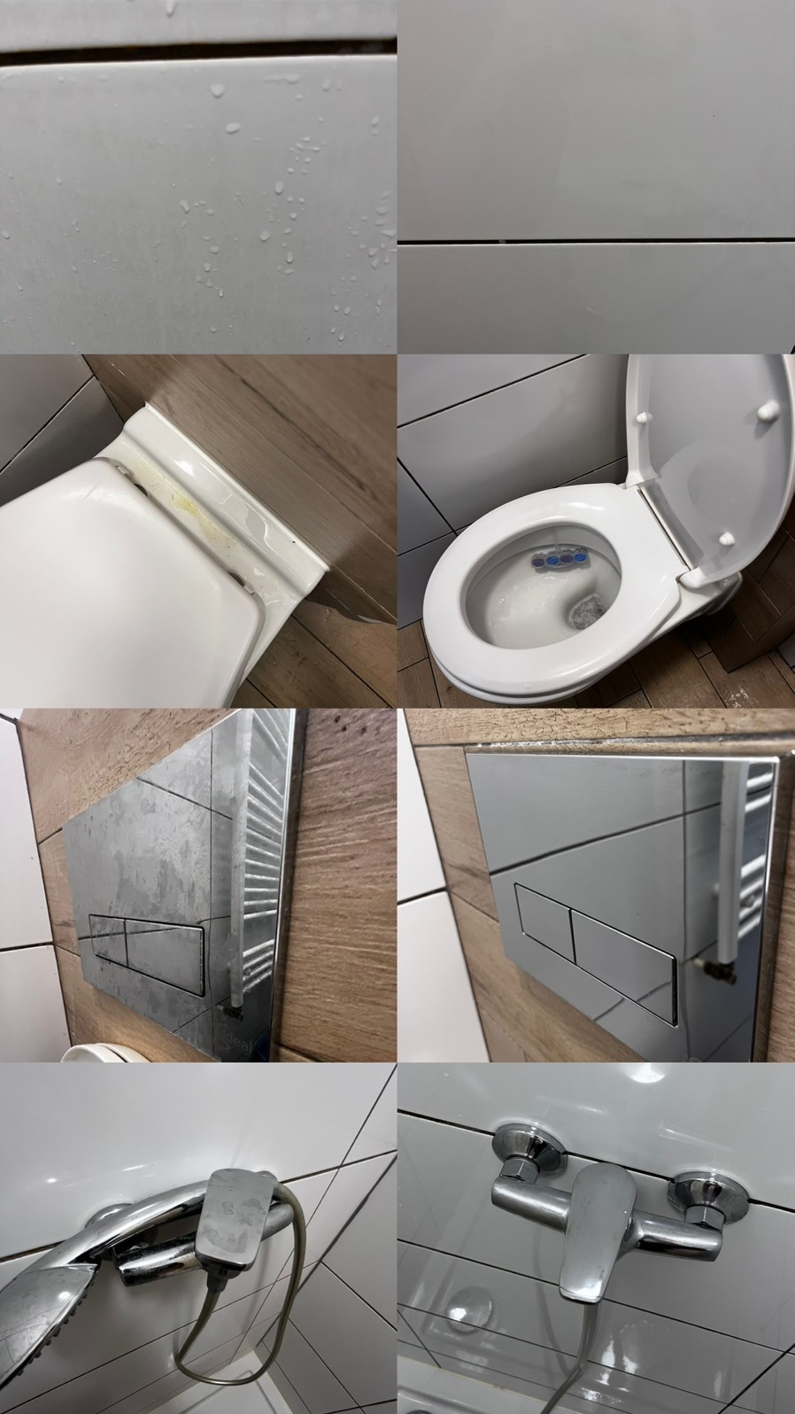 Mozaika zdjęć detali łazienki: zabrudzona toaleta, zakamieniona słuchawka prysznicowa i bateria umywalkowa, mokre płytki ścienne, przycisk spłuczki z zaciekami.
