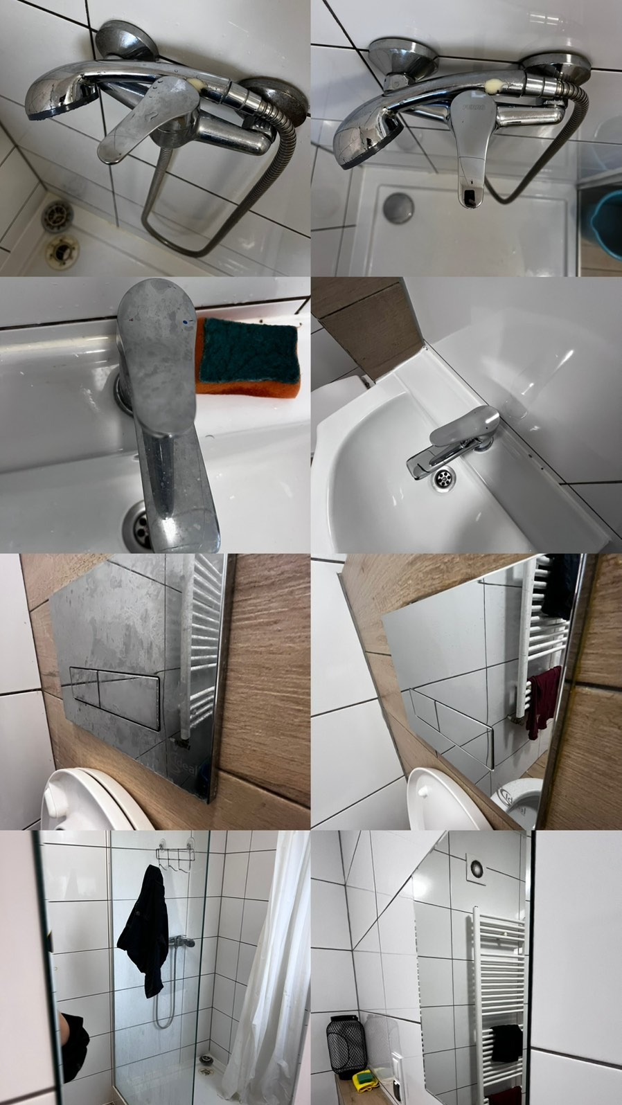 Mozaika zdjęć przedstawia detale łazienki przed i po czyszczeniu: bateria umywalkowa z osadem, czysta bateria, brudny panel spłuczki WC, odbicie czystej łazienki w lustrze.