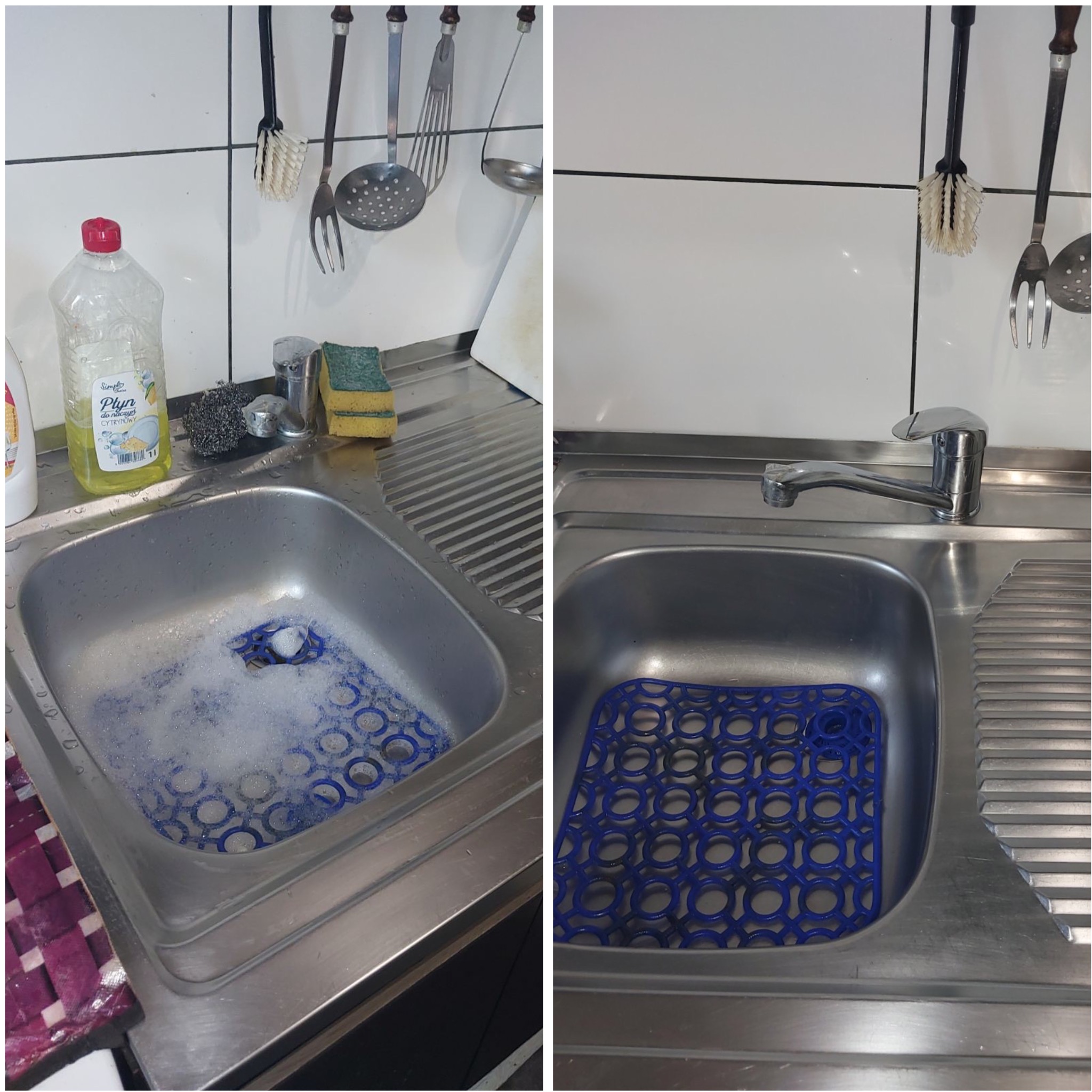 Zlewozmywak stalowy: po lewej z pianą i płynem, po prawej czysty, z niebieską podkładką. Efekt prac porządkowych, widoczne akcesoria do mycia naczyń.