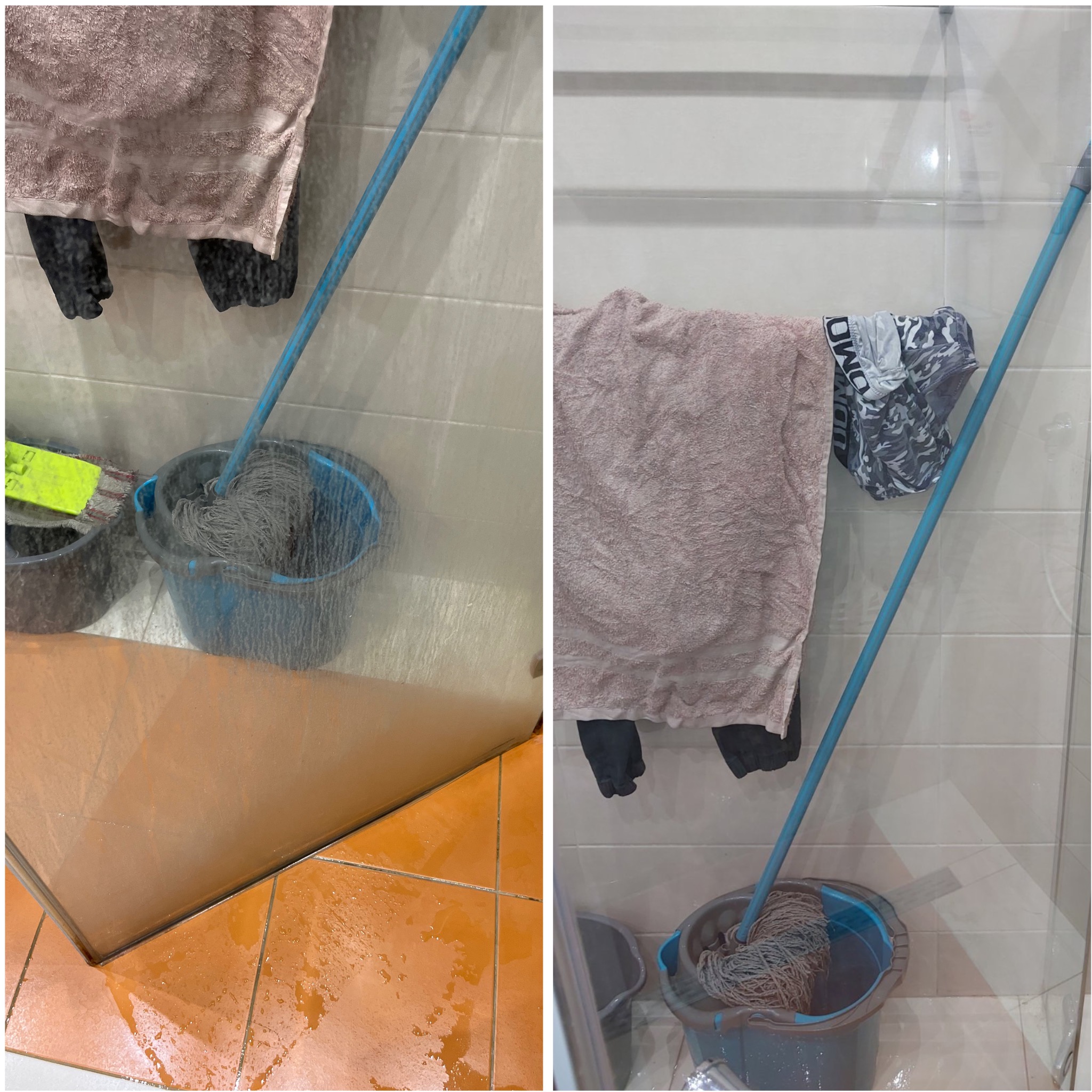 Mop w wiadrze, ręcznik i ubrania wiszące na ścianie w łazience po umyciu kabiny prysznicowej, widoczna mokra podłoga.
